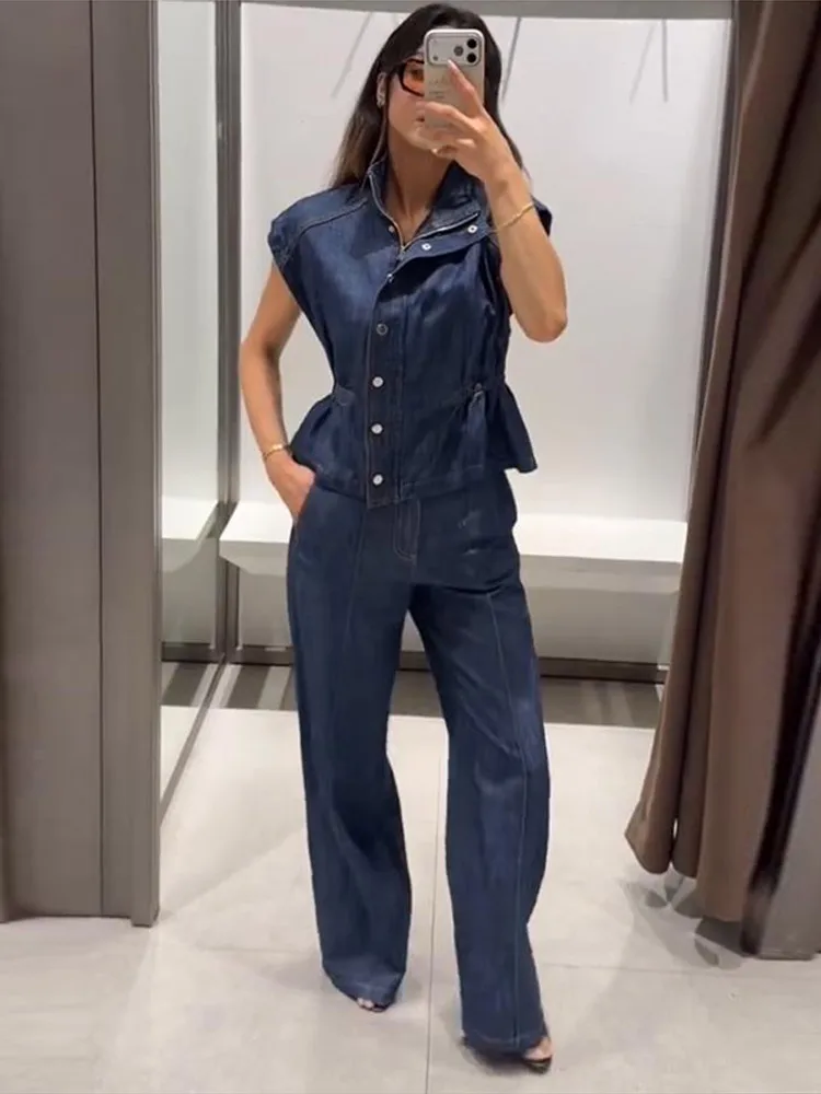 Ärmelloses Jeanswesten-Hosen-Set für Damen mit elastischem Bund, Stehkragen-Oberteil mit Knopfleiste und gerader Hose – Schickes Streetwear-Outfit für die moderne Dame – Detail 3