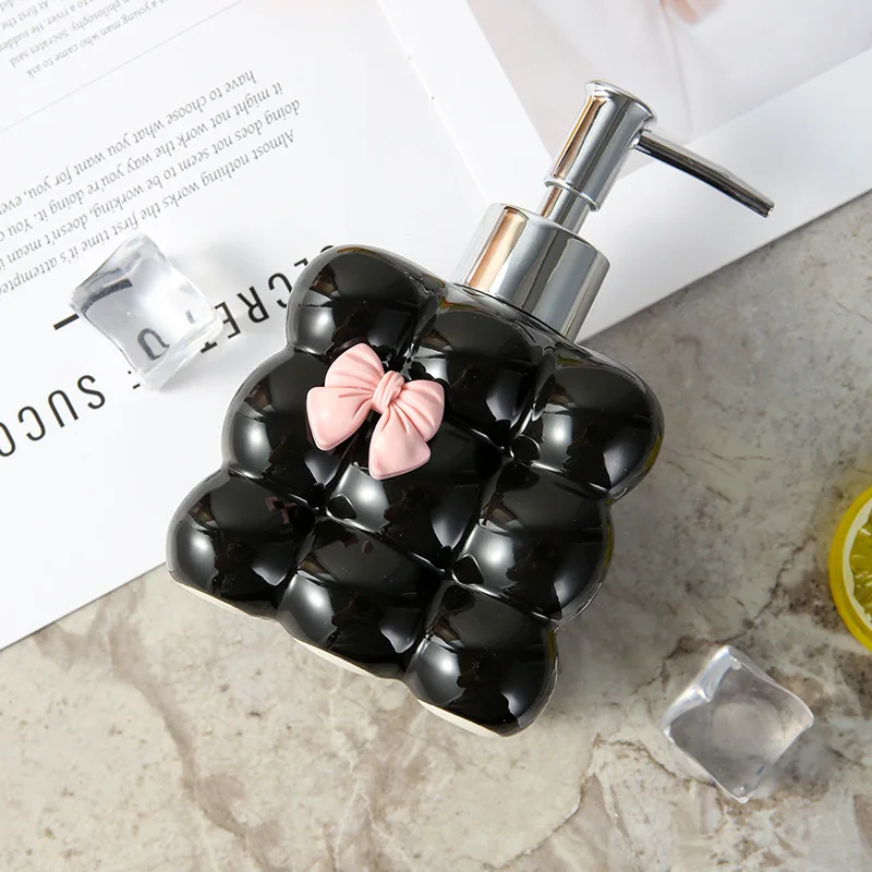 Cream Bubble Soap Dispenser Cute Fluffy Pump Bottle with Pink Bow and Silver Pump Handle Cute Bathroom Vanity Decoration