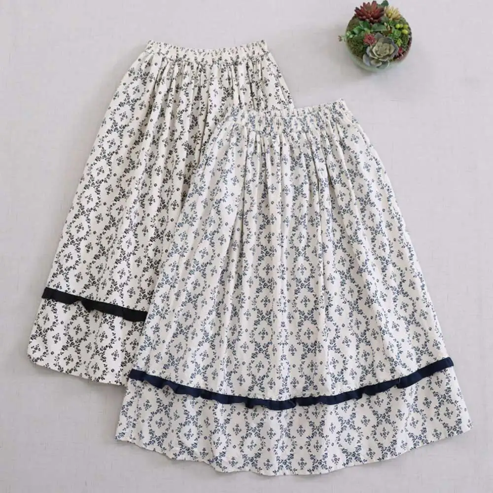 Japanese Mori Girl Vintage Floral Printed Cotton Skirts Women Spring Summer Elastic Waist Casual Loose A-Line Pleated Midi Skirt
