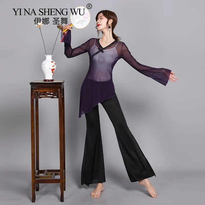 Women Classical Dance Practice Gauze Shirt Soft Stretch Body Rhyme Long Sleeve Top Chinese Folk Dance Wear Performance Clothing
