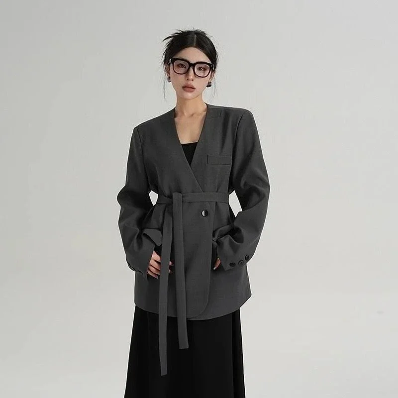 Petite Blazer pour femmes, couleur unie, ample, ample, col en V, ruban, Design coréen, petit costume de haute qualité, nouvelle collection printemps automne 2025
