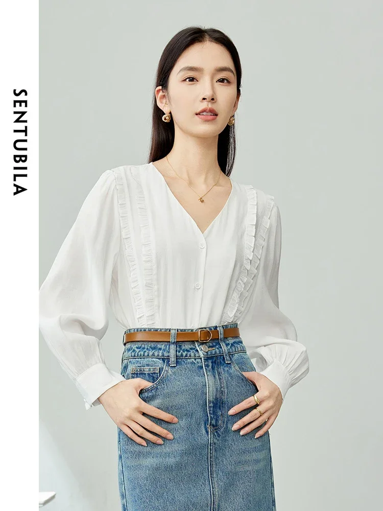 

SENTUBILA V-neck Elegant Ruffles Shirts for Women 2025 Spring Autumn French Fashion Long Sleeve Tops Woman Clothing 141C53295