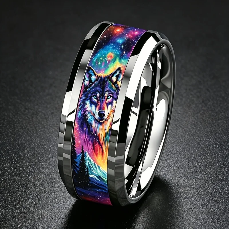 Huitan Colorful Wolf Print Sticker Stainless Steel Ring for Women/Men Starry Statement Party Hiphop Metal Accessories Jewelry