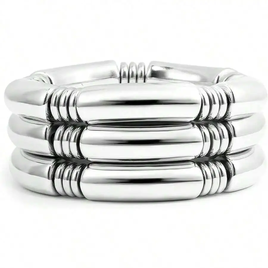 3PCS/SET Gold Chunky Bangles Bracelets For Women Plated Stack Layered Curved Bamboo Tube Stretch Bracelets Gift Jewelry
