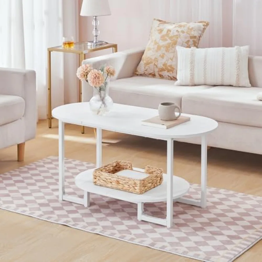 

Coffee Table for Living Room, Oval Small Coffee Table with 2-Tier Open Storage Shelf, Industrial Cocktail Tea Table, Wooden Des