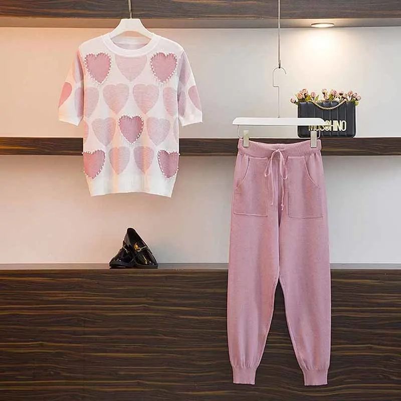 Fashion Love Printed Knitted Two Peice Suit Women Long Sleeve Sweater Tops And Solid Colors Casual Pants Female Suit