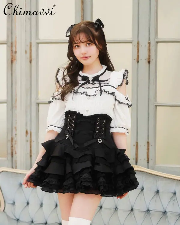 

Liz Japanese Mass Production Sweet Lolita Lace Patchwork Off-shoulder Shirt Cute Bows Short Sleeve Long Sleeve Princess Tops
