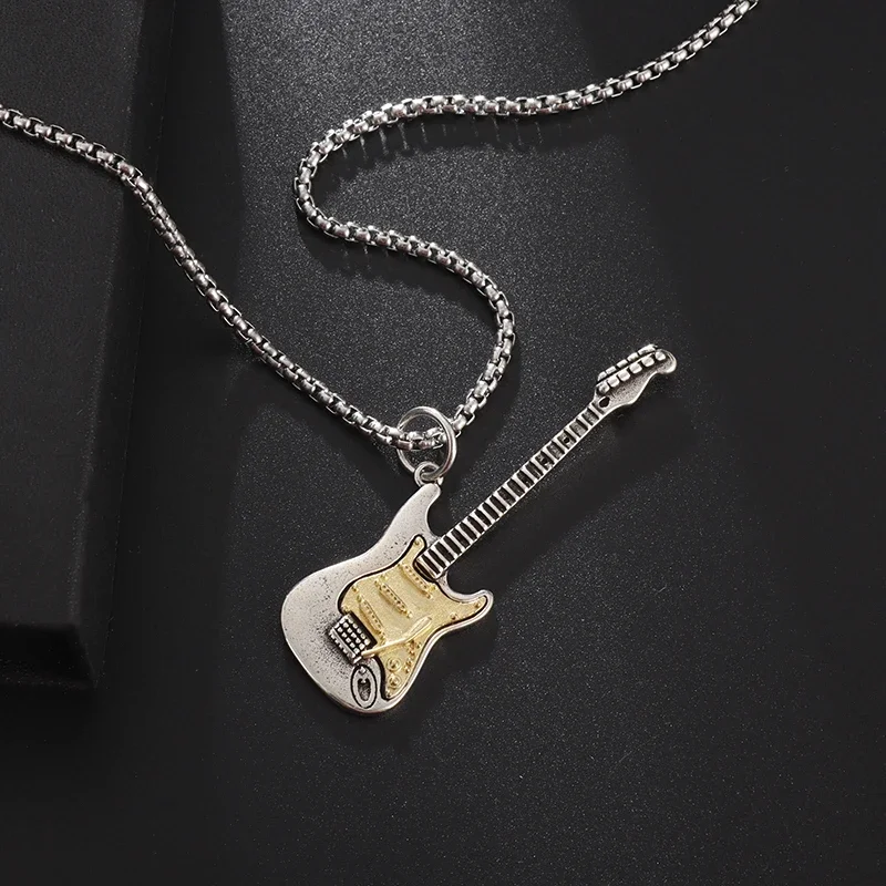 Rock Music Guitar Necklace Men Women Punk Gothic Pendant Necklace Fashion Personalized Gift Hip Hop Biker Jewelry for Boyfriend