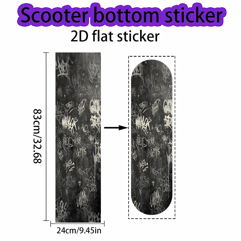 

Flat 2D design scooter sticker with black graffiti, stylish skateboard bottom decal, perfect for skateboards, scooters, etc