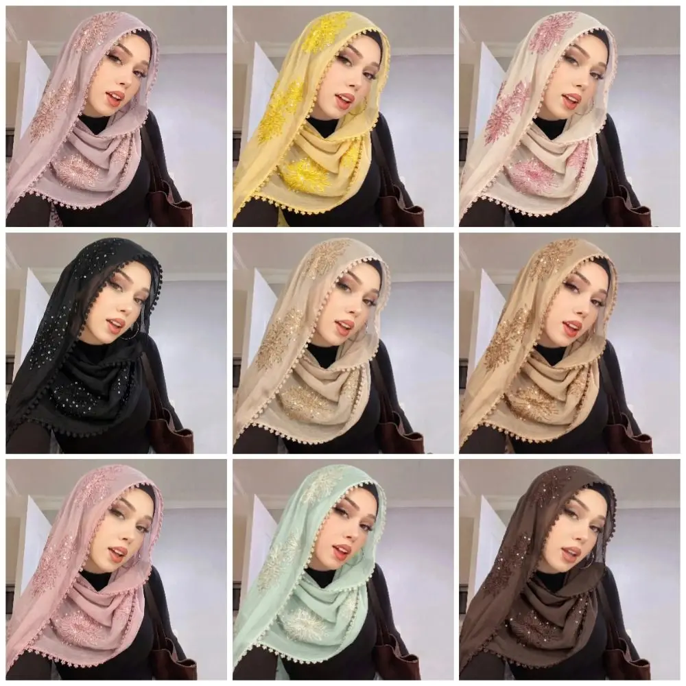 Muslim Hijab Elegant Islamic Headscarf Full Cover Floral Sequin Wraps Shawl Elastic Solid Color Turban Cap Daily Wear