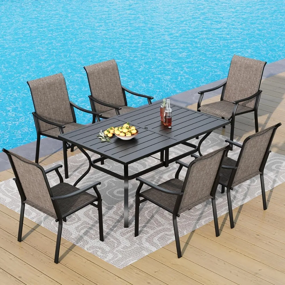 

Patio Dining Table and Chairs, Textilene Fabric and Metal Frame, Metal Dining Table with Umbrella Hole,Outdoor Garden Dining Set