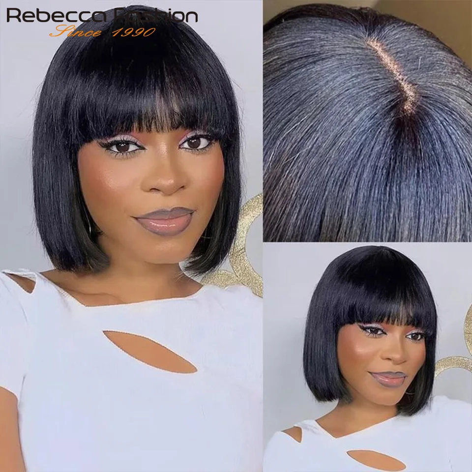 Short Bob Wig With Bangs Glueless Human Hair Wig Ready to Go Straight Hair Bob Wigs Brazilian Remy Full Machine Wigs for Women