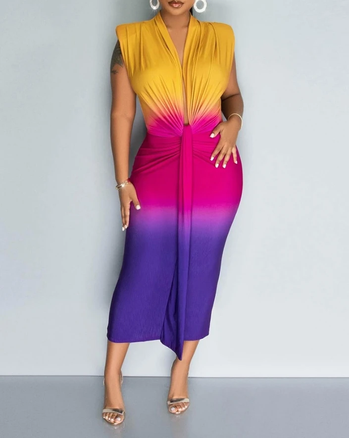 

Casual Style for Women 2024 Spring Summer Pencil Skirt Hot Selling Sleeveless Ombre Colorblock Ruched Skinny Midi Dress