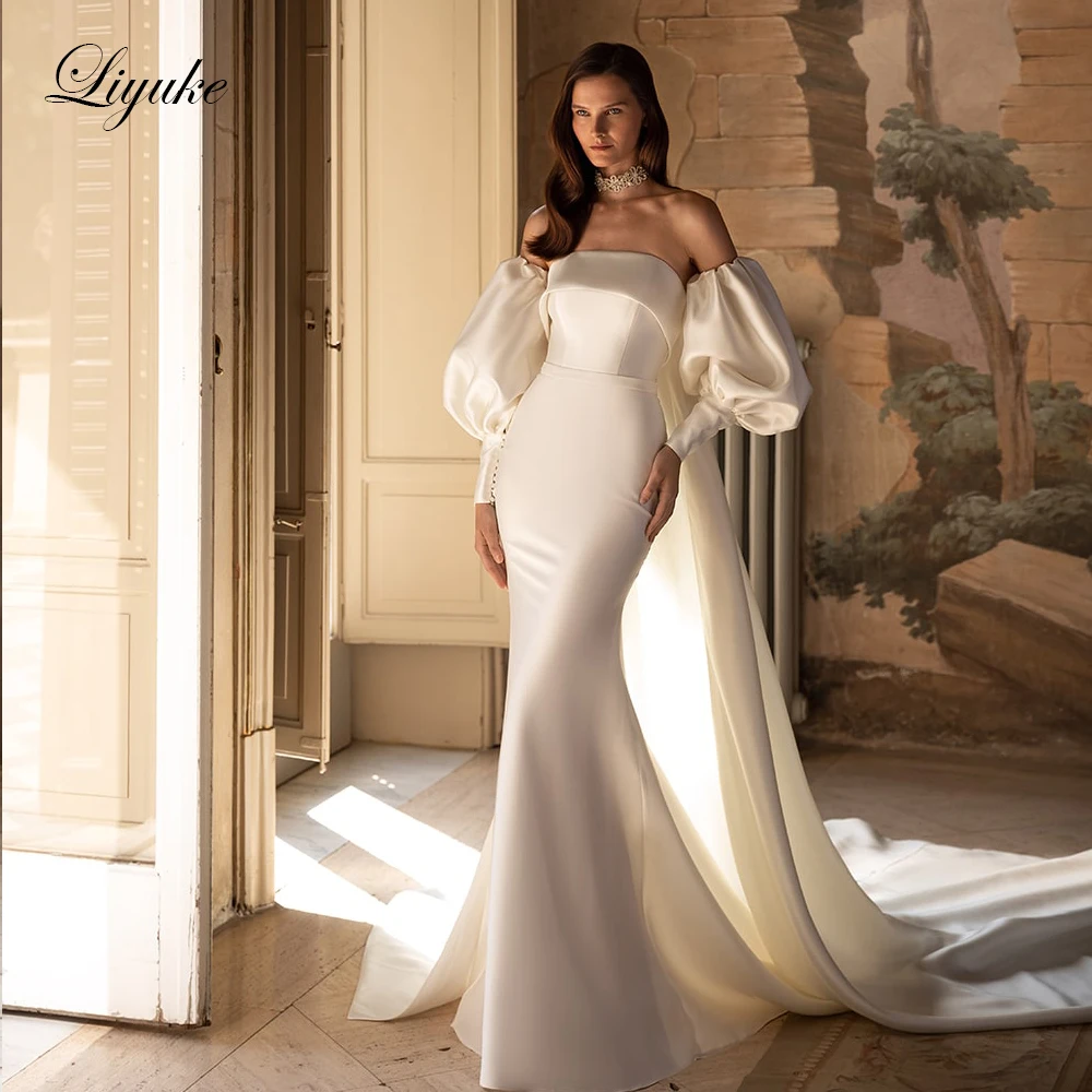 Liyuke Luxury Satin Mermaid Wedding Dresses Strapless Off The Shoulder Trumpet Bridal Gown With Removable Puff Sleeves