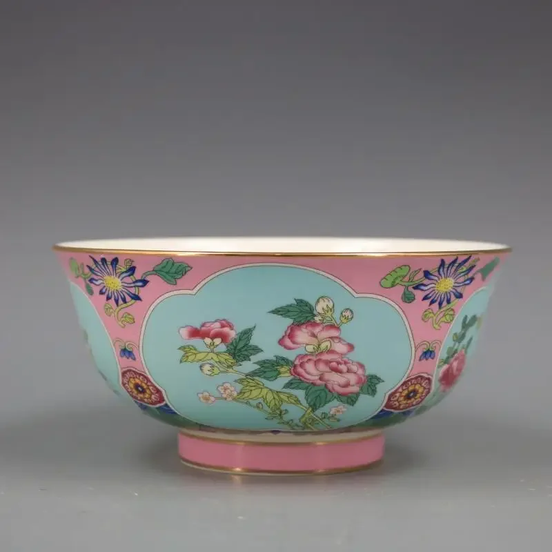 Pink Flowers Golden Bowl Antique Craft Porcelain Home Furnishings Antique Collection