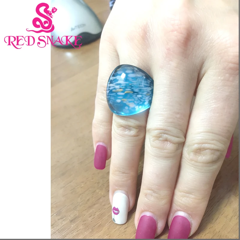 2PCS Red Snake Fashion Ring Handmade Snowflake Pattern Light Blue Murano Glass Jewelry for Stylish Accessory