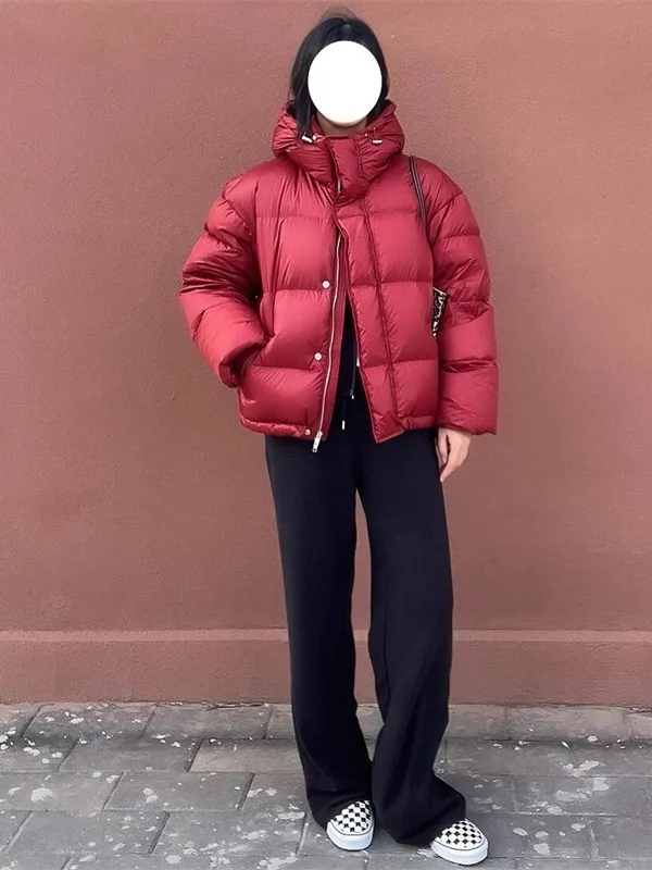 

Red Hooded Thickened Cotton Jacket Women's Winter Fashion High-End Loose Fit Warm New Year Christmas Bread Style Clothing