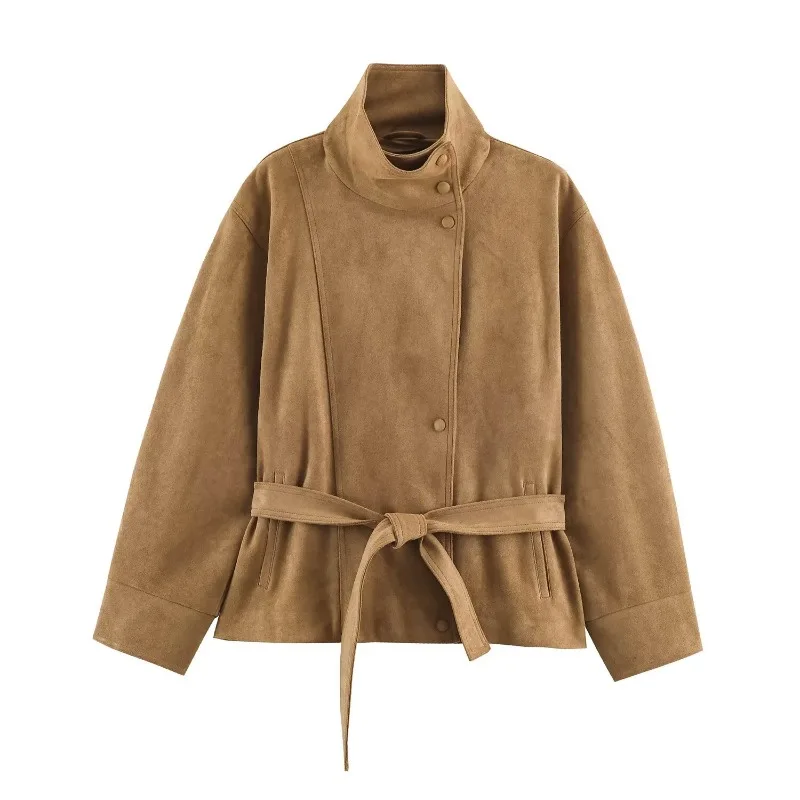 YLT Womens Fall Winter New Fashion Casual Stand Collar Belted Suede Effect Jacket Coat Outerwear Trendy Chic Warm Elegant Classy
