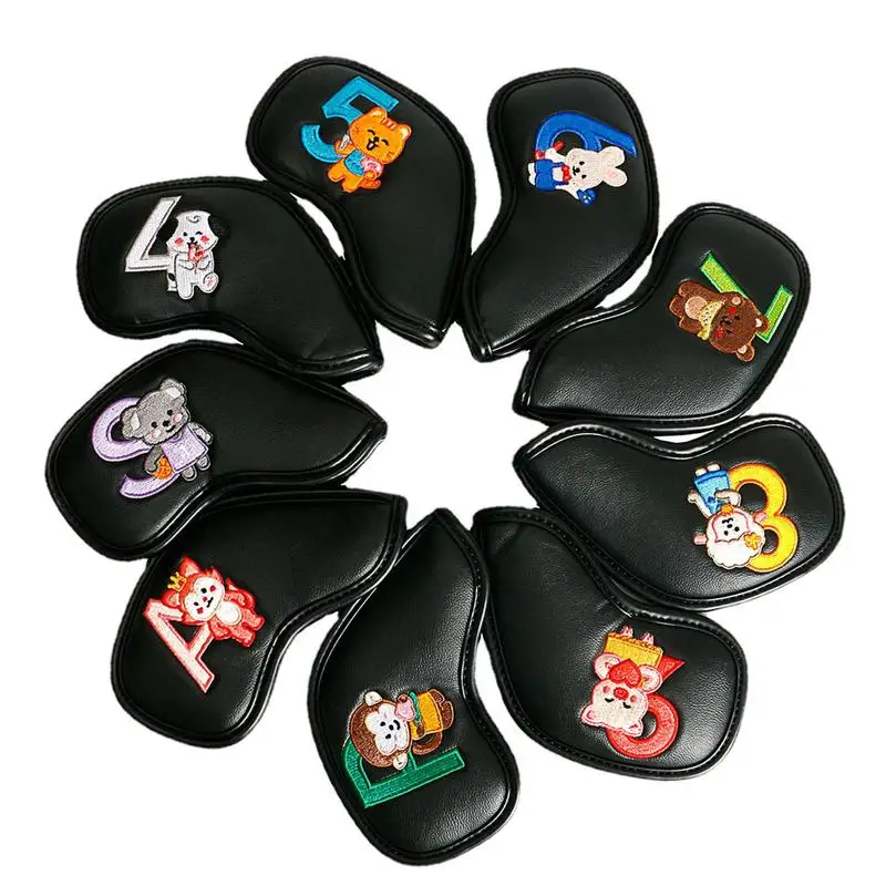 

Head Cover For Golf 9pcs Protective Cartoon Iron Golf Cover With Double Sided Embroidery Weatherproof Golf Club Bag Accessories