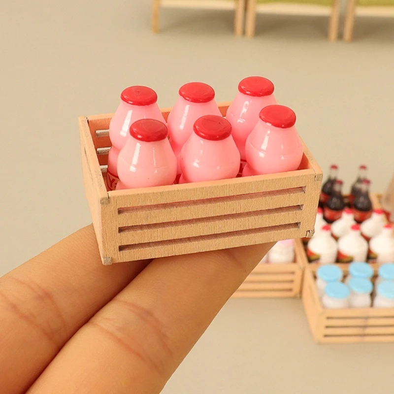 1Set 1:12 Dollhouse Miniature Milk Bottles W/Storage Frame Wine Bottle Drink Holder Kitchen Decor Toy Doll House Accessories