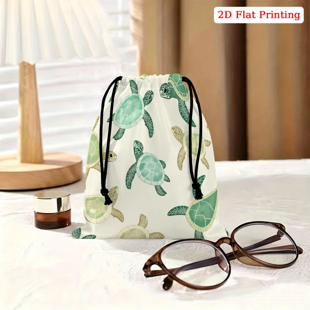 1pc Turtle Pattern Drawstring Bag White Green Sea Turtle Print Storage Small Pouch Travel Organizer Cosmetic Jewelry Accessory