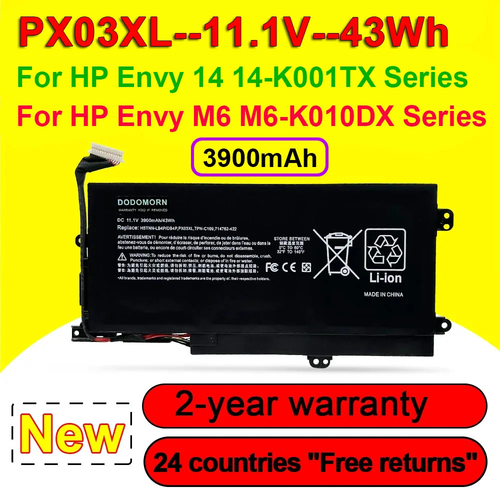 

PX03XL For HP Envy 14 14-K001TX M6 M6-K010DX Laptop Battery HSTNN-LB4P TPN-C109 714762-422 11.1V 3900mAh 43Wh High Quality