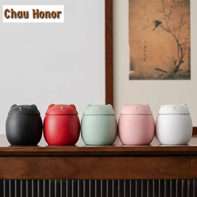 

Cute Kitten Tea Canister Coarse Ceramic Moisture Proof Sealed Storage Can Ceramic Creative Personality Tea Warehouse Accessories