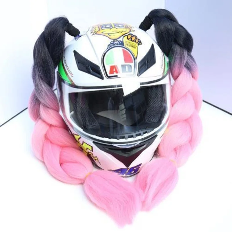 Helm sepeda motor, dekorasi helm Wig kepang gaya keren Harley Quinn warna sama kepang dua Aksesoris helm uniseks