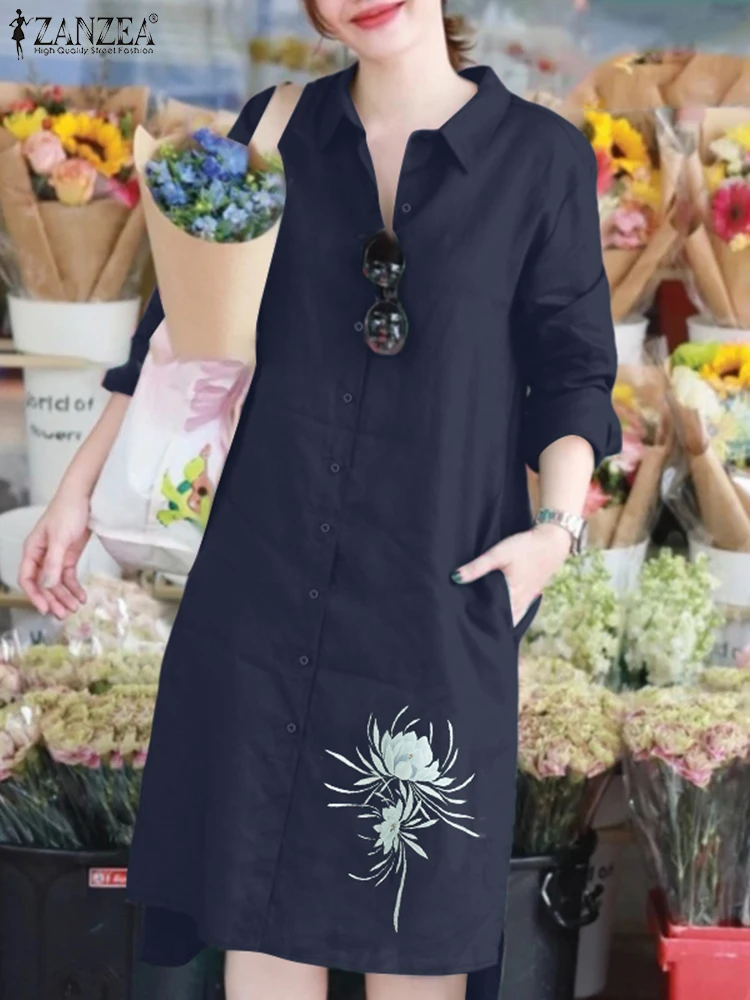 スタイリッシュなラペルネック長袖シャツワンピース 2025 ZANZEA 秋プリントワンピース レディース オフィス サンドレス カジュアル ハイロー ワークドレス