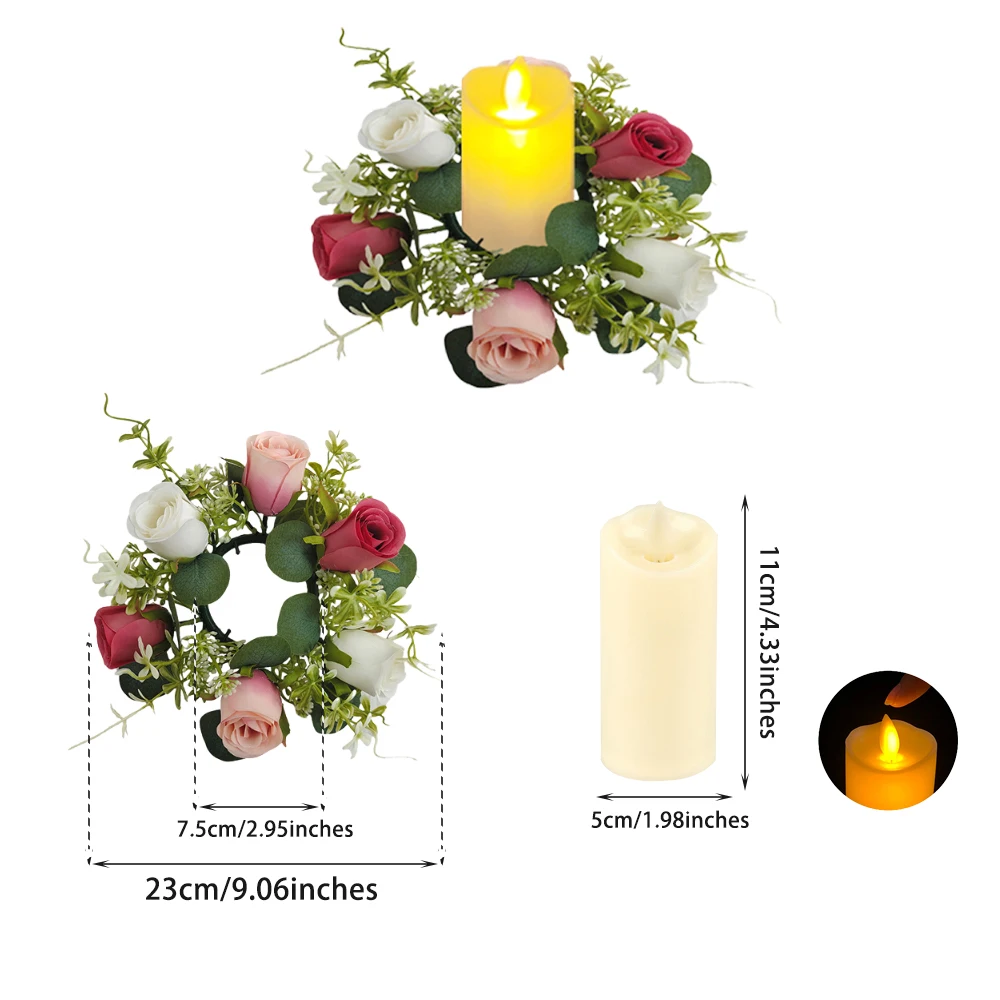 1 قطعة ضوء شمعة و 1 قطعة الشمعدان جارلاند ، شمعة إكليل شمعة حامل نبات اصطناعي إكليل الزهور الاصطناعية حلقة ديكور للطاولات