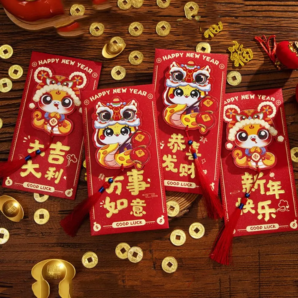 6pcs Chinese Style 2025 Snake Year Red Envelopes Traditional Hongbao 3D New Year Money Pocket Blessing Good Luck Red Packet