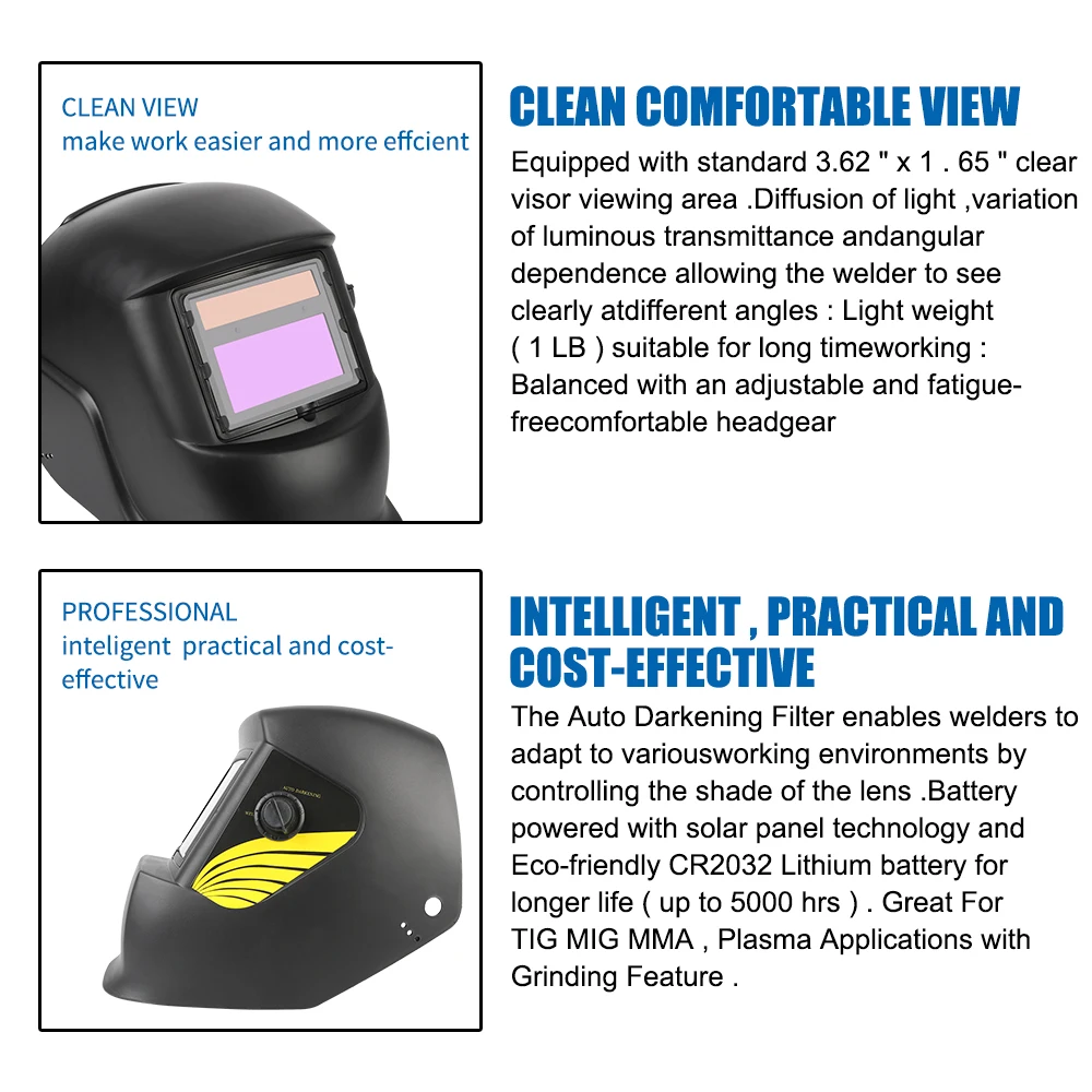 قناع لحام بالطاقة الشمسية ، عدسة ملونة حقيقية ، منظر كبير ، سواد تلقائي ، قناع لحام القوس ، طحن قطع