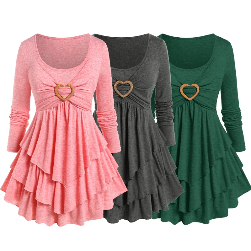 ROSEGAL Heart Ring Layered Long Sleeves T-Shirt  Women Solid Tunic Tops S-4XL Autumn Scoop Neck Blouse Tees Three Colors Choose