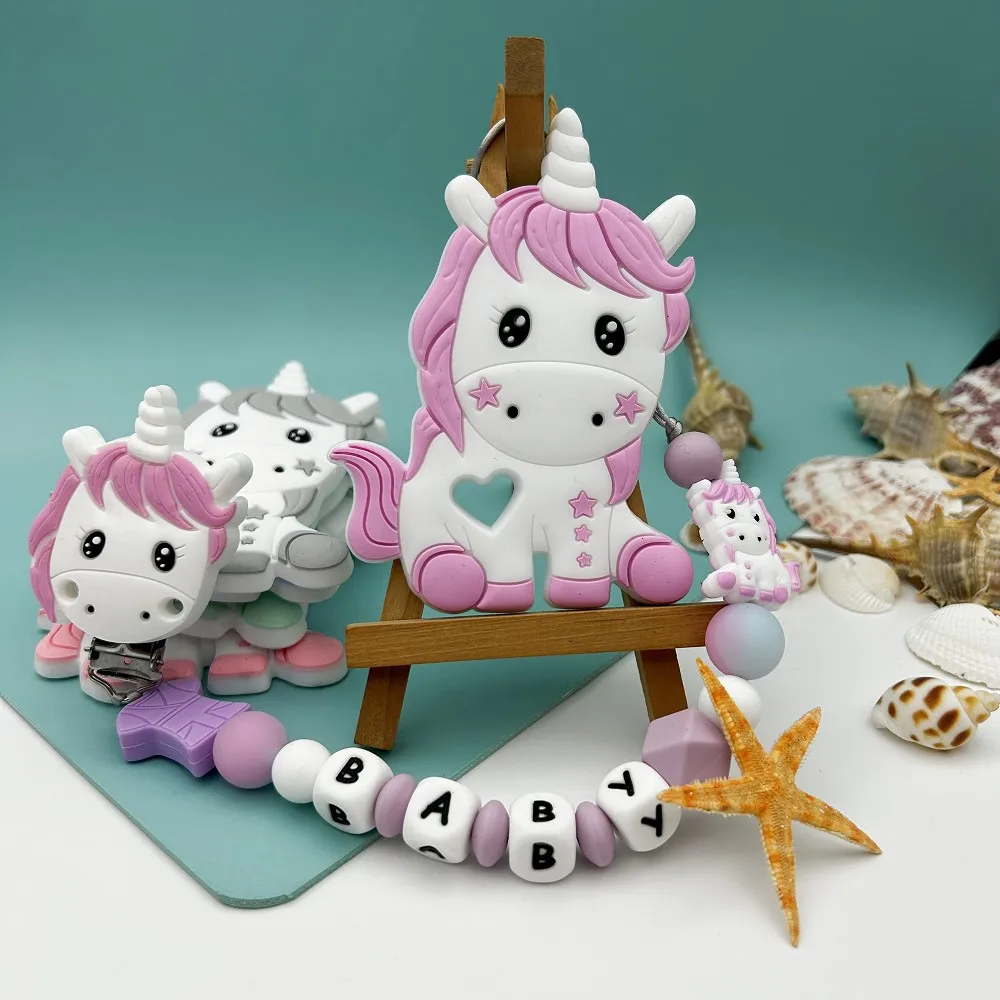 Nome lettera personalizzato Baby Unicorn Silicone perline luminose ciondolo ciuccio clip supporto catene Baby massaggiagengive Kawaii Toy Gifts