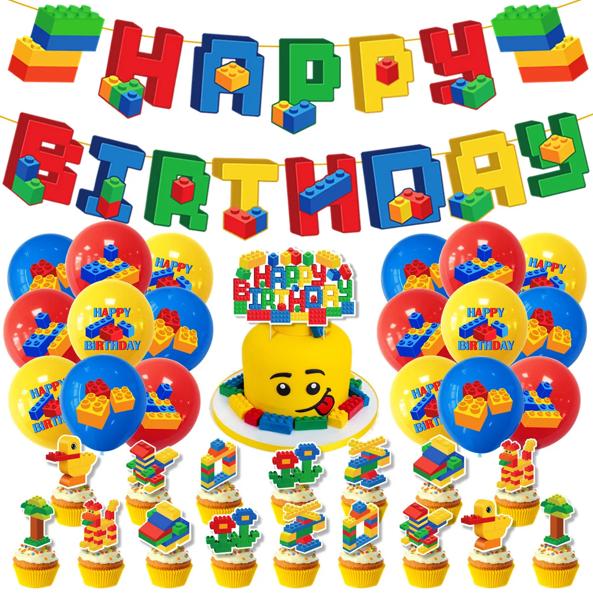 Ballons en latex à thème de blocs de construction, décorations de gâteaux, motifs de briques colorées, ensemble de fournitures de fête pour décorations d'anniversaire