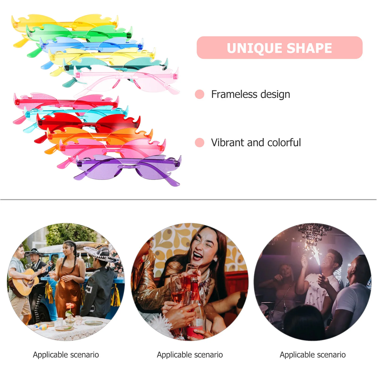 

12Pairs Vibrant Flame-Shaped Rimless Sunglasses Frameless Design for Party Nightclub Beach Disco Cool Glasses for Adults Teens