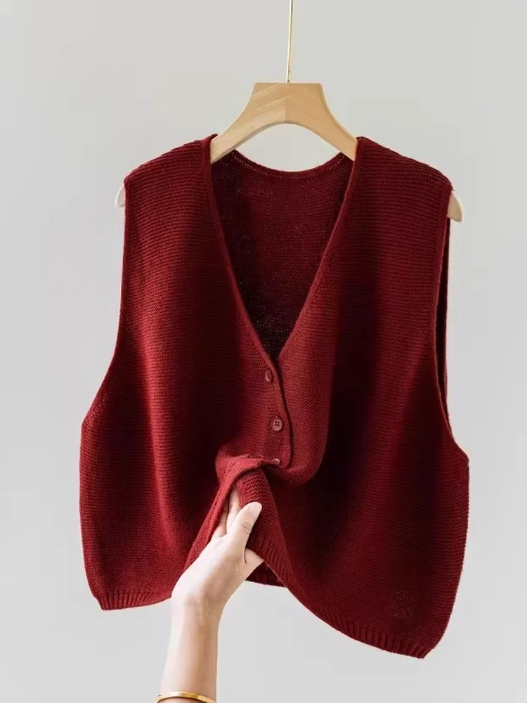 

Loose Fit Knitted Cardigan Vest Women's Casual Red Svel Top Autumn Winter Faion plus Size V-Ne Button up Outerwear