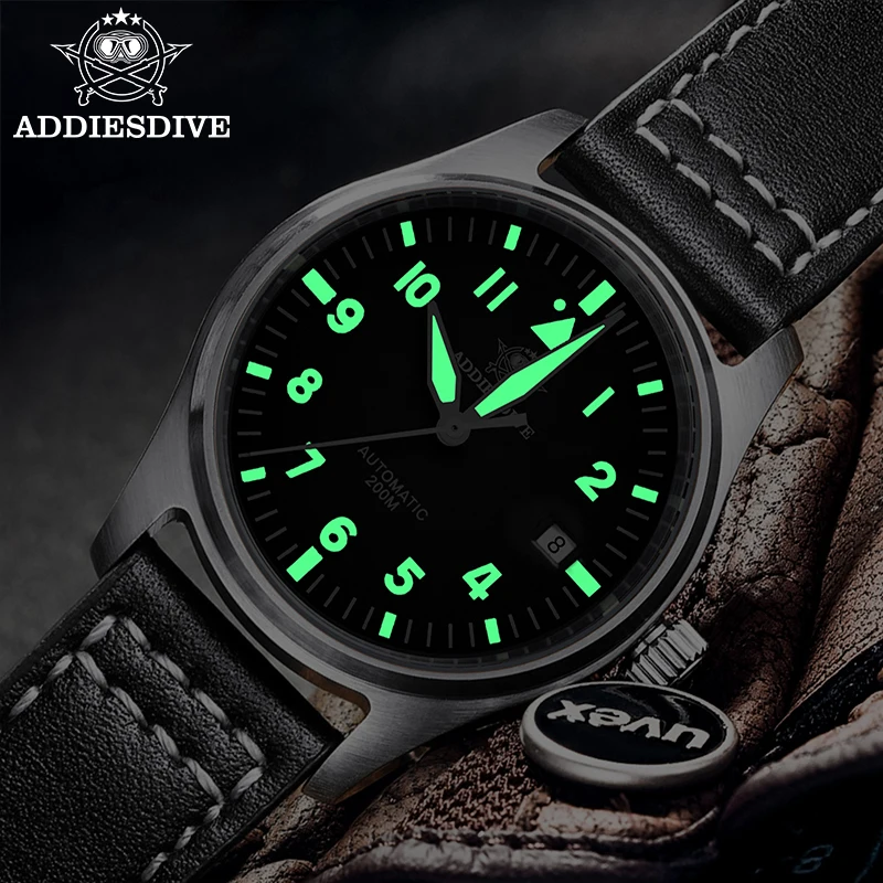 ADDIESDIVE Men's Automatic Mechanical Diving Watch 200m Waterproof C3 Ultra Bright Men's Watch Men's Leather Retro Watch AD2519 view 5