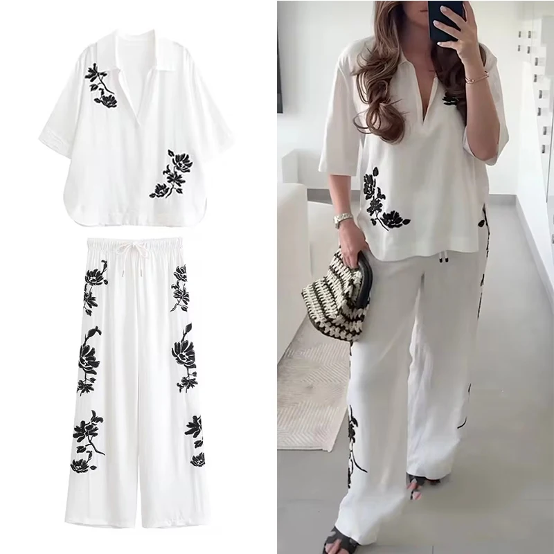 ผูกสบายๆกางเกง 2 ชิ้นชุดผู้หญิงเย็บปักถักร้อยเอวสูงกางเกงชุดสตรี 2025 2 ชิ้นผู้หญิงชุด ﻿