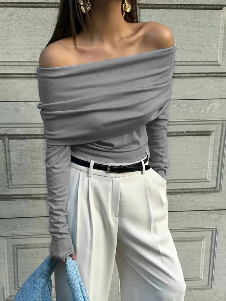 Articat Elegant Knitted Long Sleeve Sweater High Elasticity Slim Top For Women 2025 New Winter Sexy One Shoulder Tight Sweater