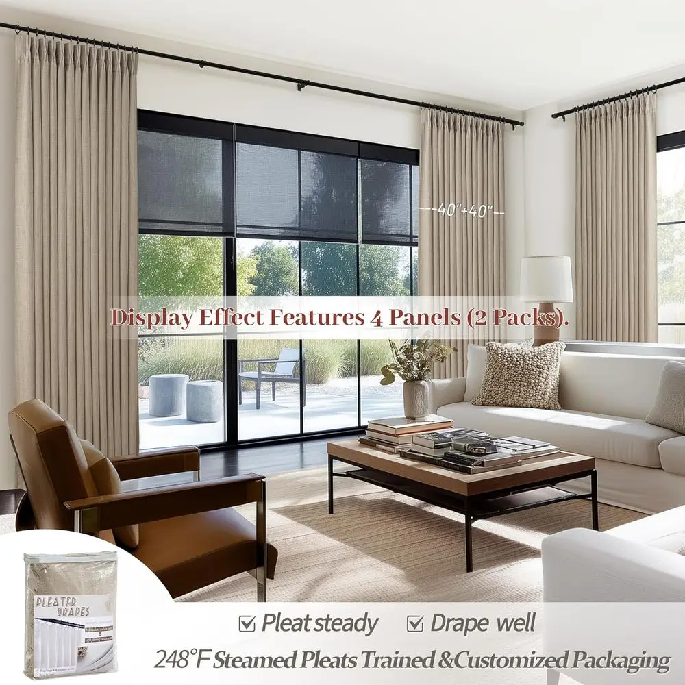 Linnen knijpplooi kamerverduisteringsgordijnen, 96 lang, taupe, dubbellaags voor geluidsabsorptie, set met 2 panelen voor woonkamer