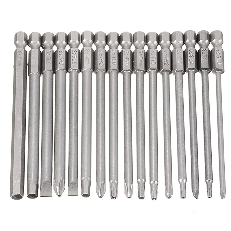 O50 16Pcs 100mm Long Alloy Steel Magnetic Head Cross Phillips Hex Screwdriver magnetic Bit Set Torx Head Hex Driver Bits