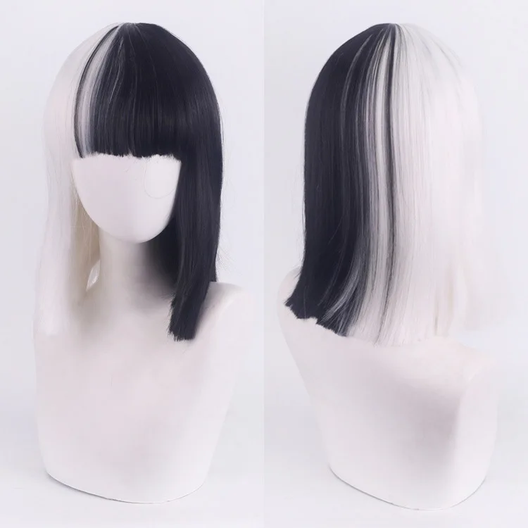 CRUELLA Deville De Vil Cosplay negro blanco con flequillo pelo para mujeres con flequillo pelo corto Bob peluca sintética resistente al calor