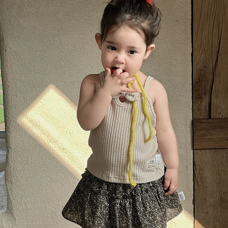 

New Summer Solid Color Suspenders for Infants and ToddlersTT-shirt SuitaFashionable floral print two-piece skirt set for girls
