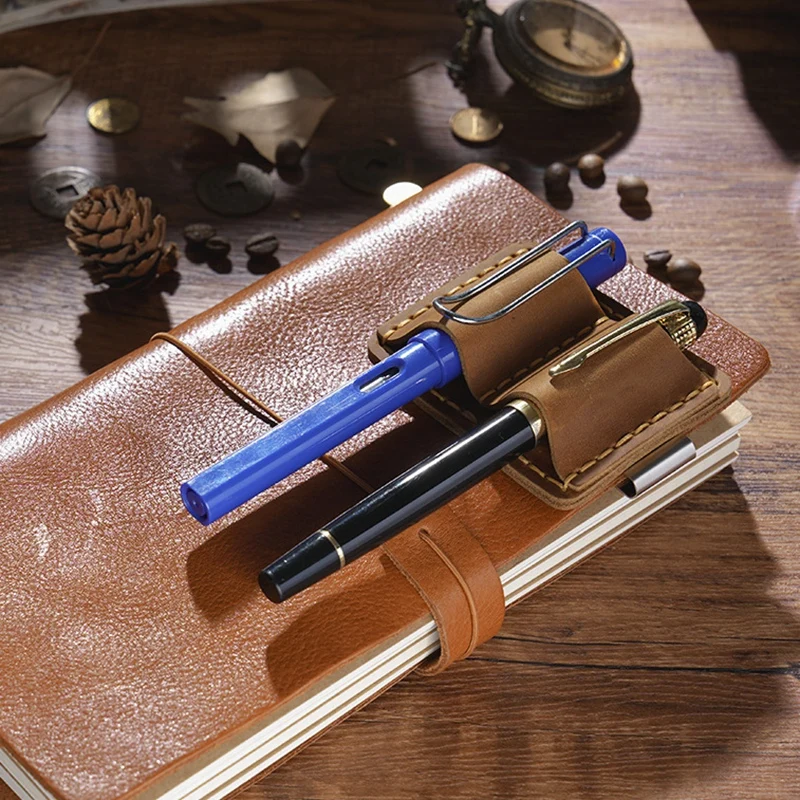 

Retro Head Leather Double Pen Clip Handmade Crazy Horse Leather TN Traveler Notebook Pen Insert Stainless Steel Pen Set