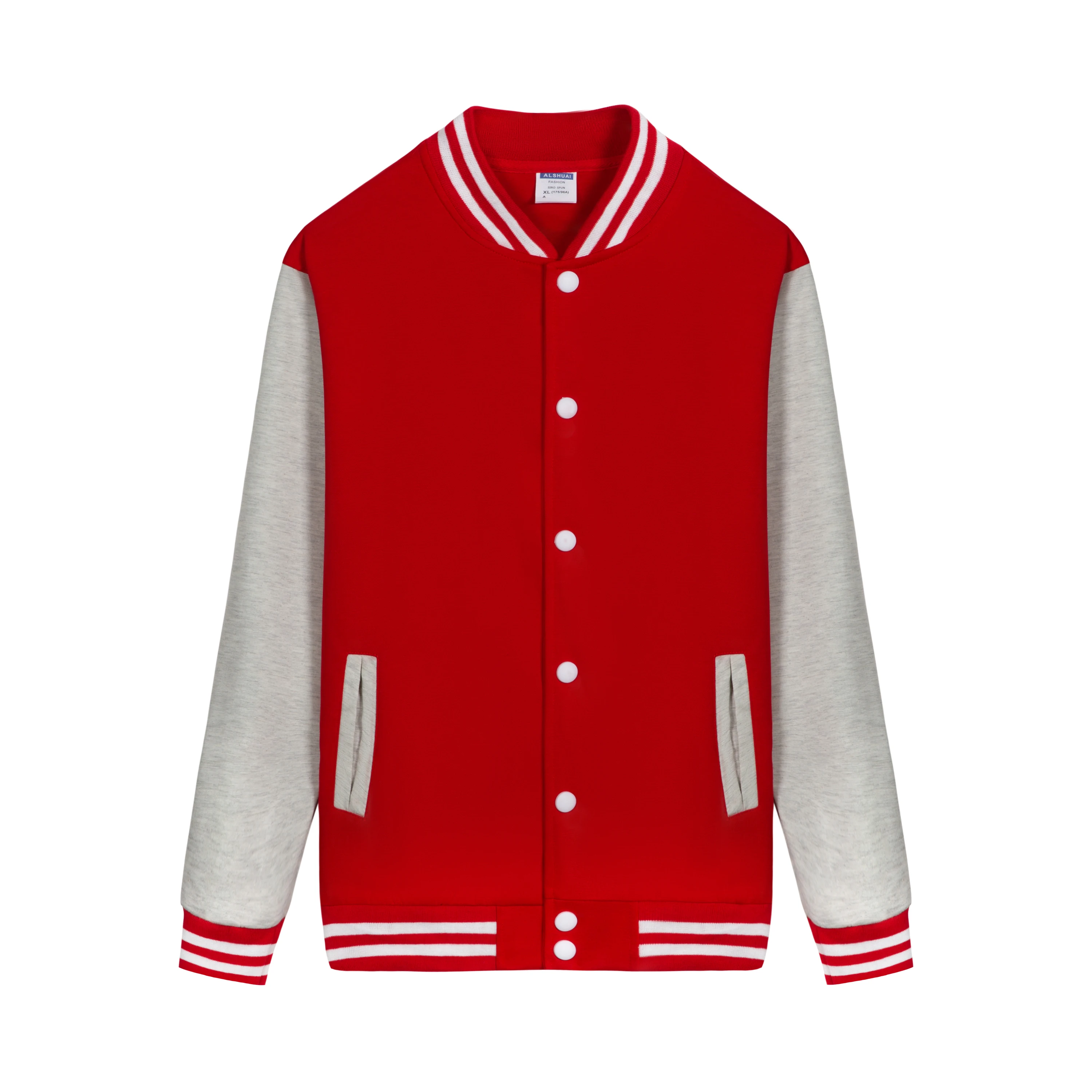 

Men's Baseball Jacket Street Clothing Casual Spring and Autumn Clothing Red-Grey Striped Decorative Button Cotton Blend