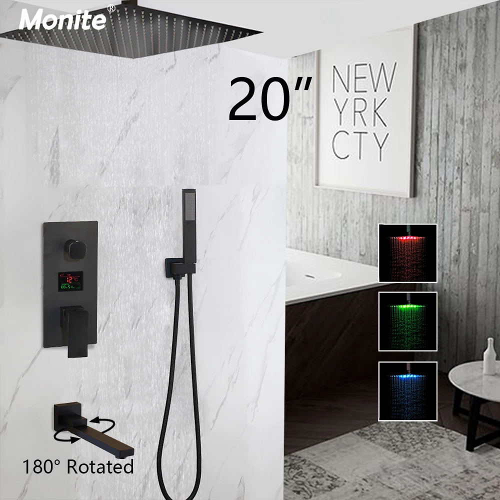 

Monite Temperature Display Black 20 Inch LED Wall Mounted Bathroom Rainfall Faucet Sets Matte Black Shower Head Hot Cold Set