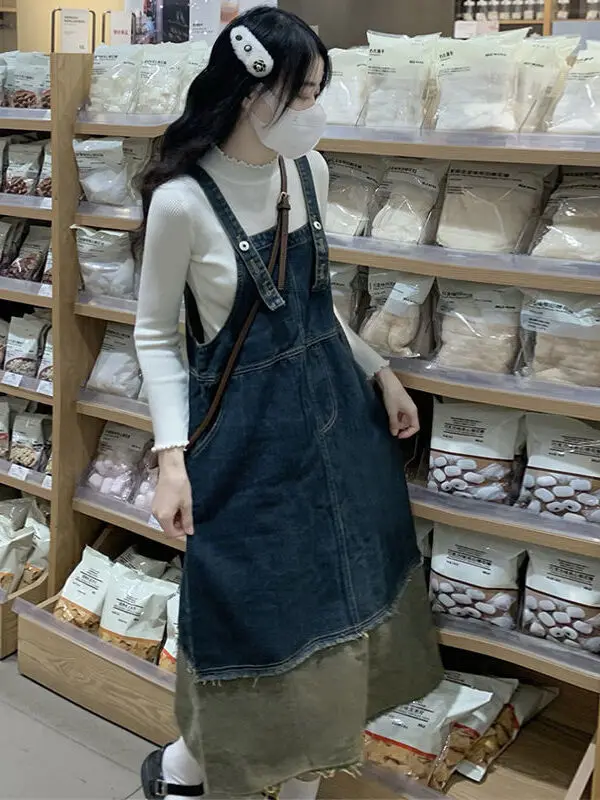 plus Size Ageless Elegant Mid-Length Spliced Denim Dress Women Spring Summer Slimming Strap Dresses Fat MM Simple Style No Brand