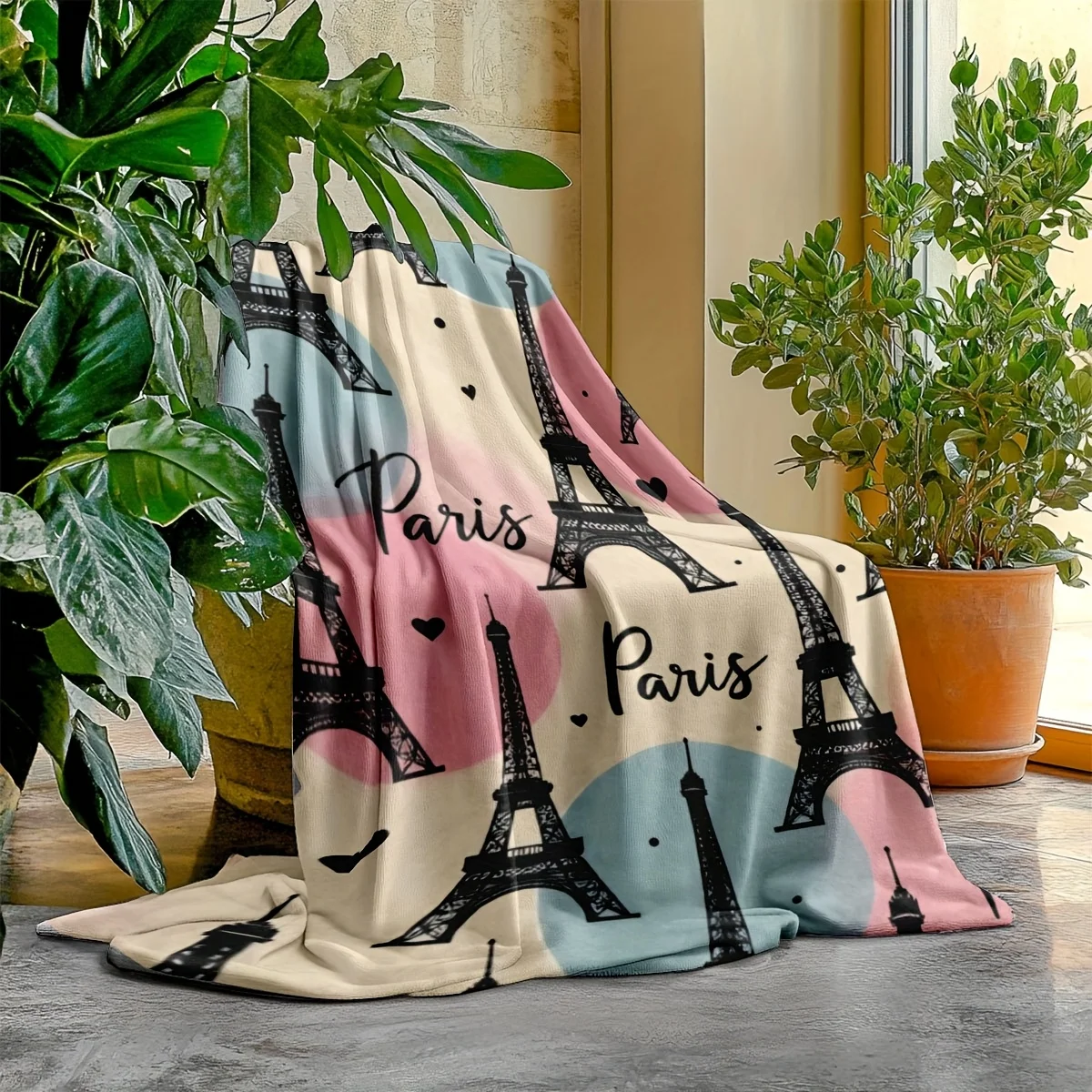 Paris Eiffel Tower Themed Flannel Blanket, Featuring an Eiffel Tower Print and 
