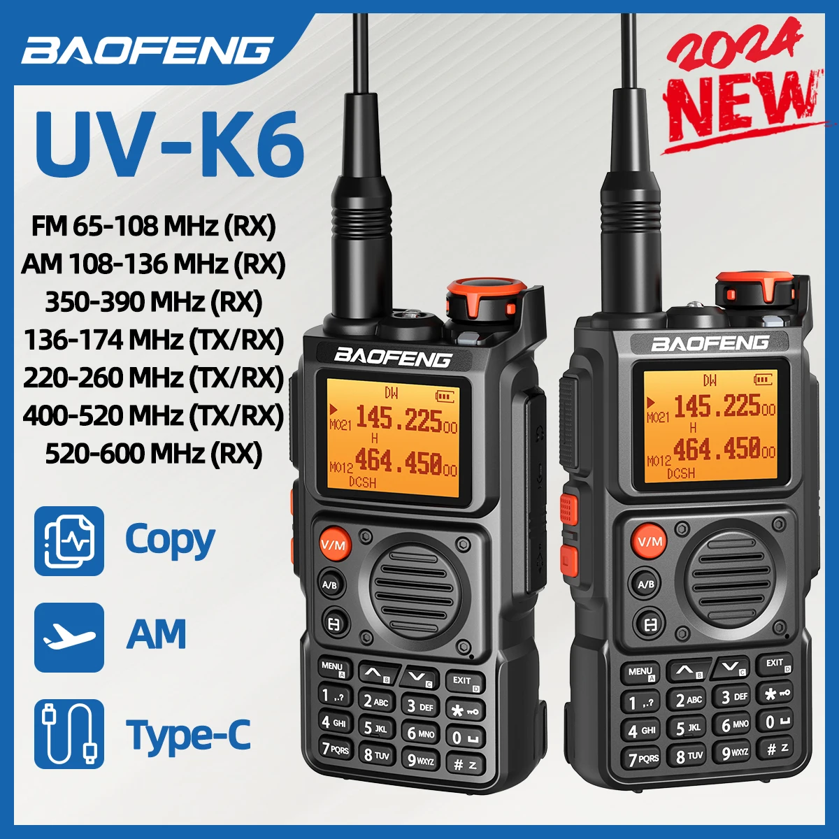 Baofeng UV-K6 Walkie Talkie Multi Band Long Range Transceiver Copy Frequency Type-C Charge UHF VHF Two Way Ham Radio For Camping